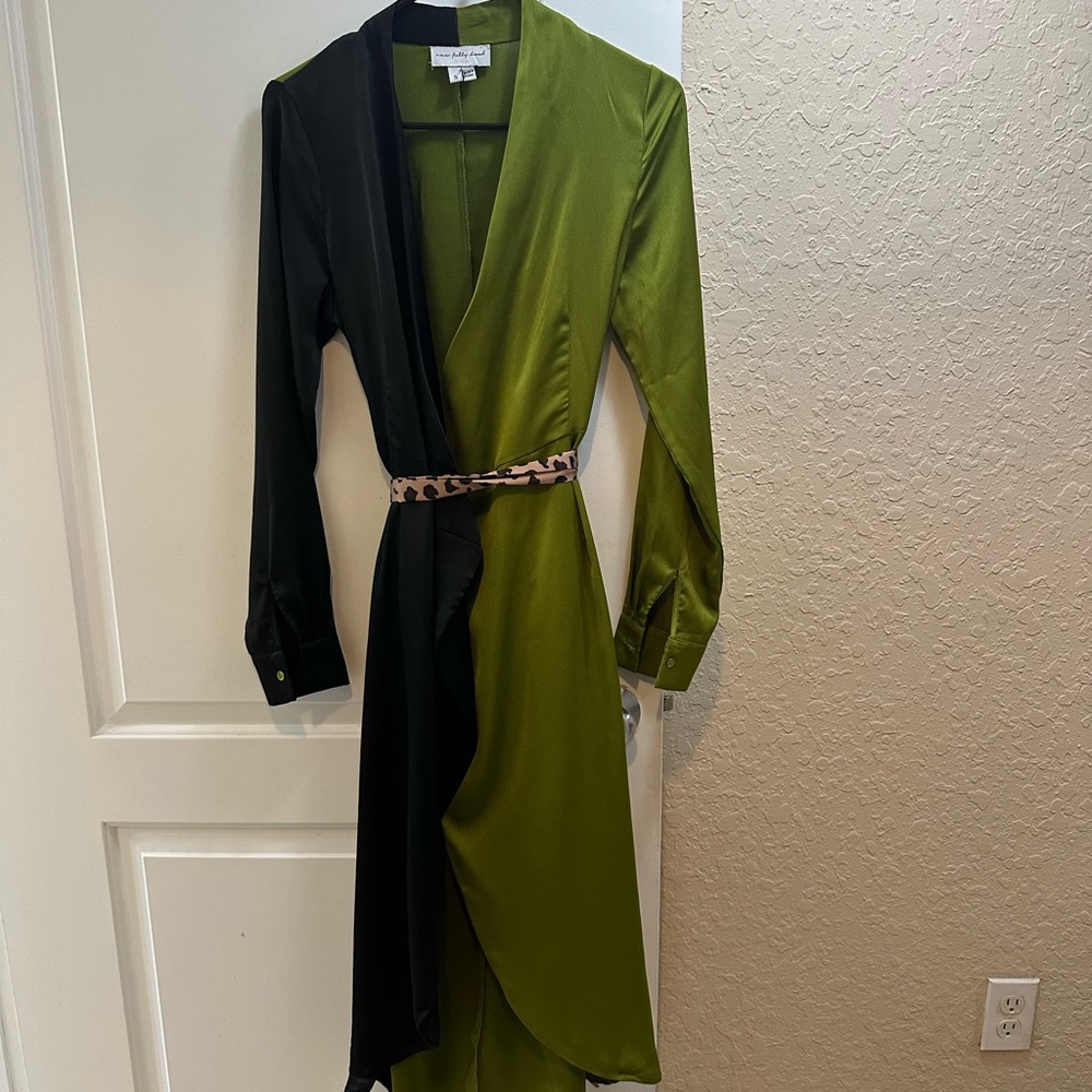 Gorgeous “Never Fully Dressed” silky wrap dress with cheetah print belt